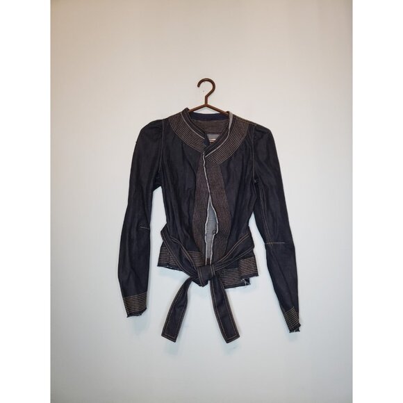 BCBGMAXAZRIA Women XS Jean Jacket Belted Open Front Denim Dark Blue Y2K Stitches - Picture 1 of 6